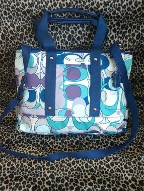 Coach Multicolor Signature Canvas Shoulder Tote with Navy Straps